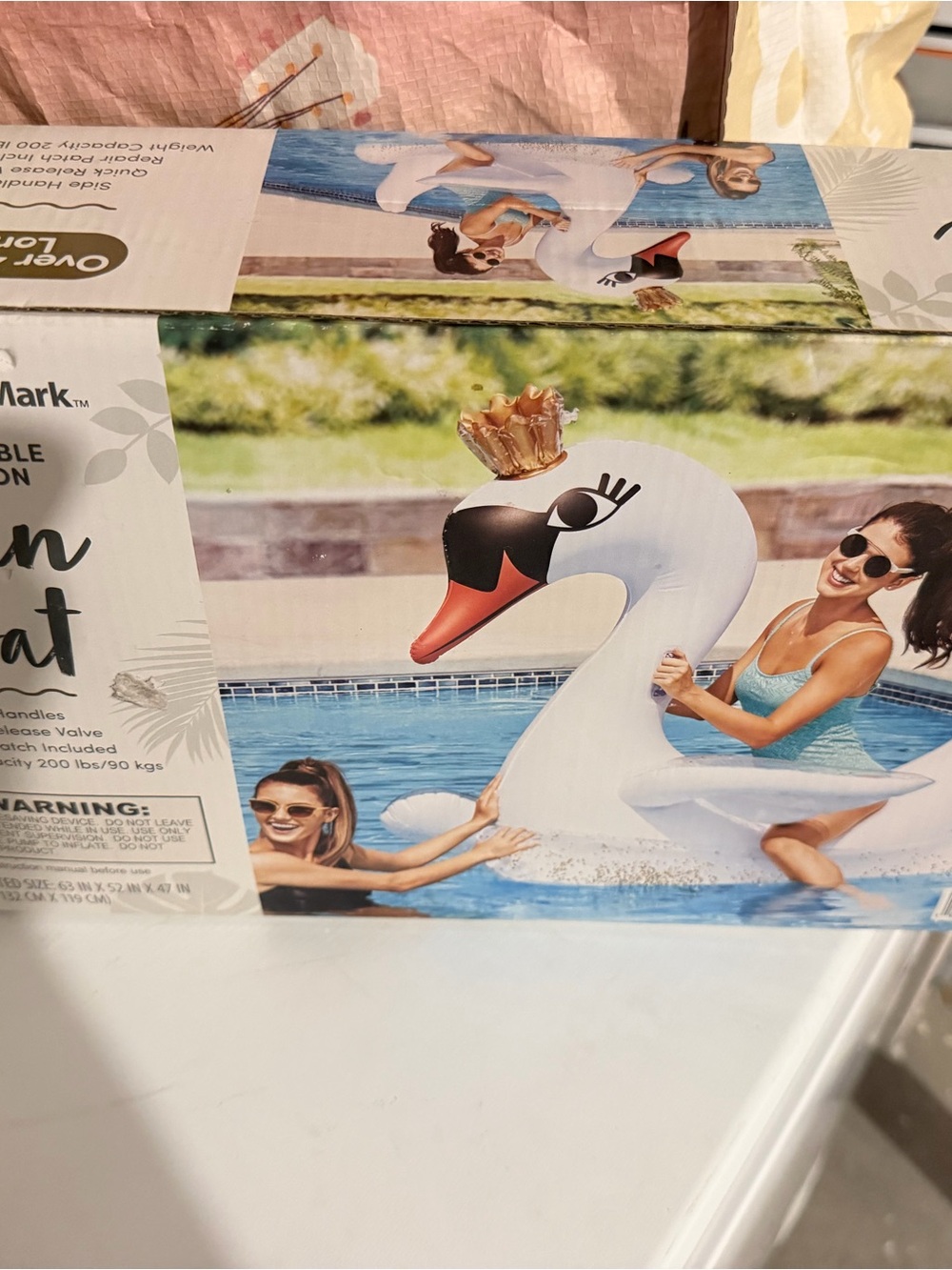 Inflatable White Swan Pool Float with Crown - Unbranded